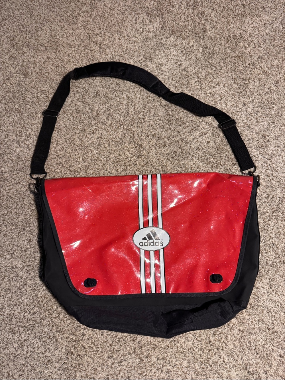 adidas Red Glitter Messenger Bag with Stripe Logo